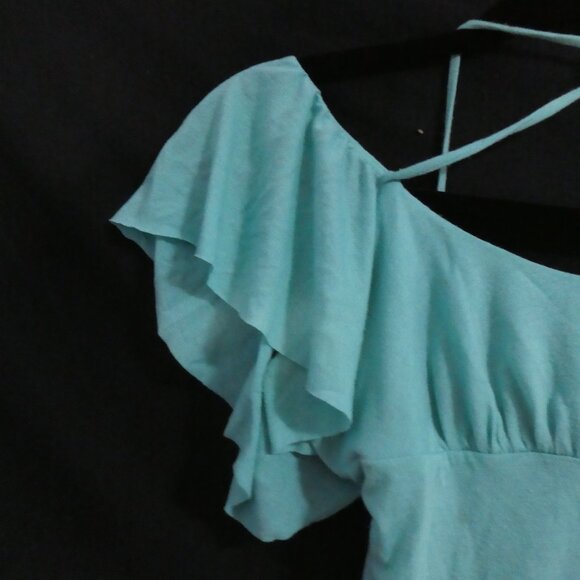 SIRENS | medium | Teal Off-Shoulder Ruffle Sleeve Dress | Dry Clean Only - Picture 3 of 13